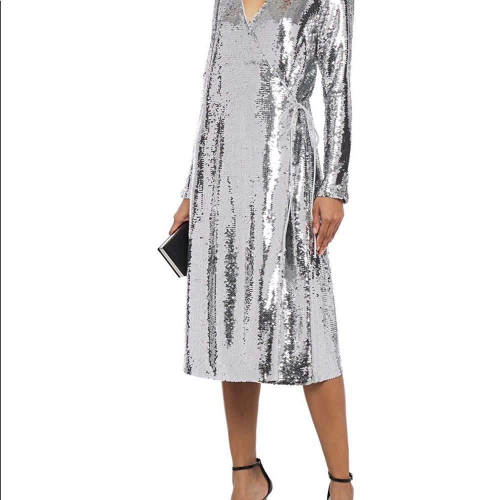 Ganni Sonora Silver Sequin Wrap Robe Coat Dress
